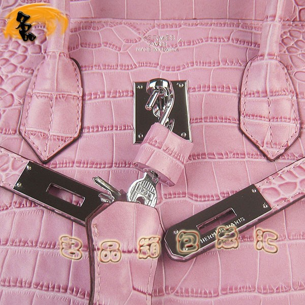 6089 愛(ài)馬仕女包 Hermes Birkin 鉑金包 Hermes手提包 鱷魚(yú)紋(35) 粉紅色銀扣