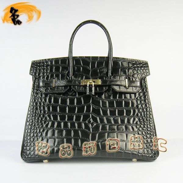 6089 Hermes手提包 愛馬仕女包 Hermes Birkin 鉑金包 鱷魚紋(35) 黑色金扣