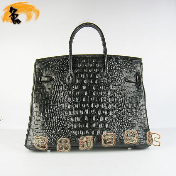 6089 Hermes手提包 Hermes Birkin 鉑金包 愛馬仕女包 鱷魚頭紋(35) 黑色銀扣