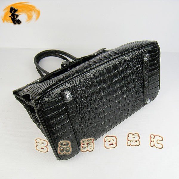 6089 Hermes手提包 Hermes Birkin 鉑金包 愛馬仕女包 鱷魚頭紋(35) 黑色銀扣