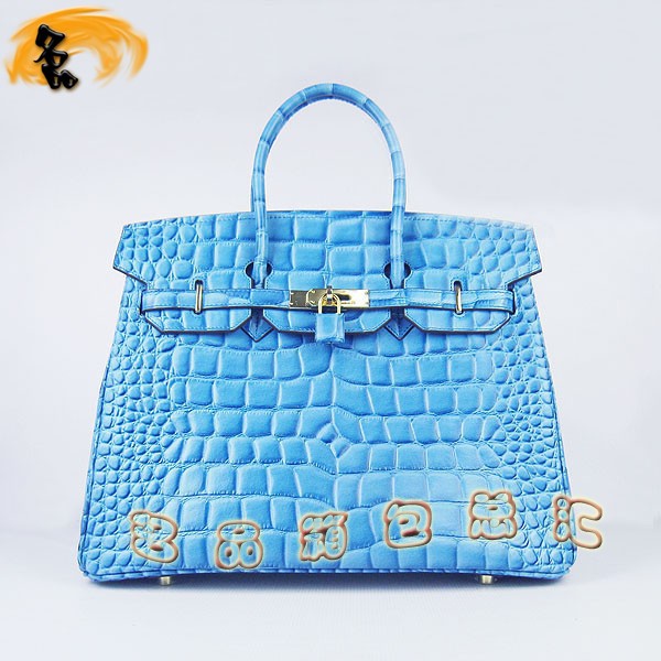 6089 愛馬仕女包 Hermes手提包 Hermes Birkin 鉑金包 鱷魚紋(35) 淺藍色金扣