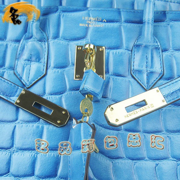 6089 愛馬仕女包 Hermes手提包 Hermes Birkin 鉑金包 鱷魚紋(35) 淺藍色金扣