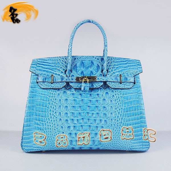 6089 Hermes Birkin 鉑金包愛馬仕女包 Hermes手提包 鱷魚頭紋(35) 淺藍(lán)色金扣