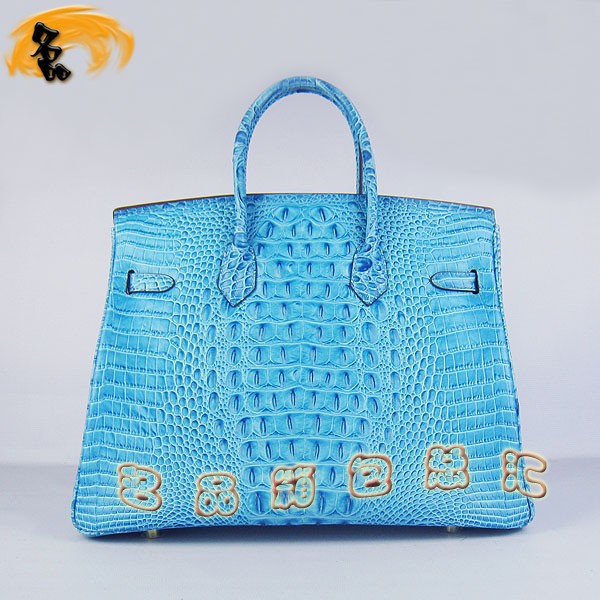 6089 Hermes Birkin 鉑金包愛馬仕女包 Hermes手提包 鱷魚頭紋(35) 淺藍(lán)色金扣