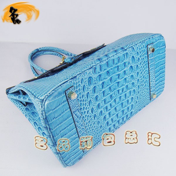6089 Hermes Birkin 鉑金包愛馬仕女包 Hermes手提包 鱷魚頭紋(35) 淺藍(lán)色金扣