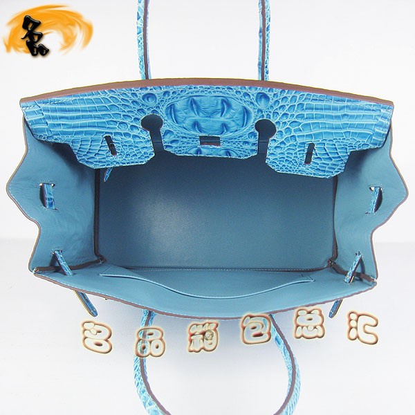 6089 Hermes Birkin 鉑金包愛馬仕女包 Hermes手提包 鱷魚頭紋(35) 淺藍(lán)色金扣