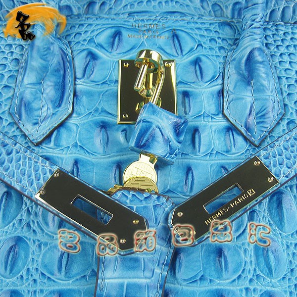 6089 Hermes Birkin 鉑金包愛馬仕女包 Hermes手提包 鱷魚頭紋(35) 淺藍(lán)色金扣