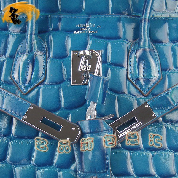6089 Hermes Birkin 鉑金包 愛馬仕女包 Hermes手提包 鱷魚紋(35) 中藍色銀扣