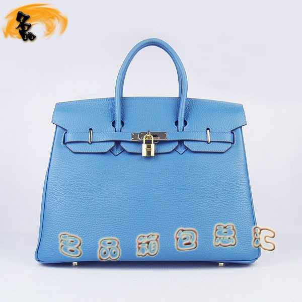 6089 Hermes Birkin 鉑金包 愛馬仕女包 Hermes手提包 荔枝紋(35) 中藍(lán)色金扣