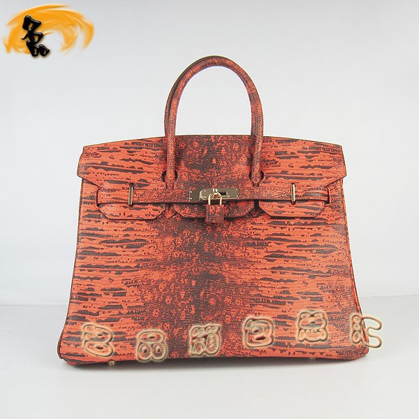 6089 Hermes手提包 Hermes Birkin 鉑金包 愛馬仕女包 蜥蜴紋(35) 橙色金扣