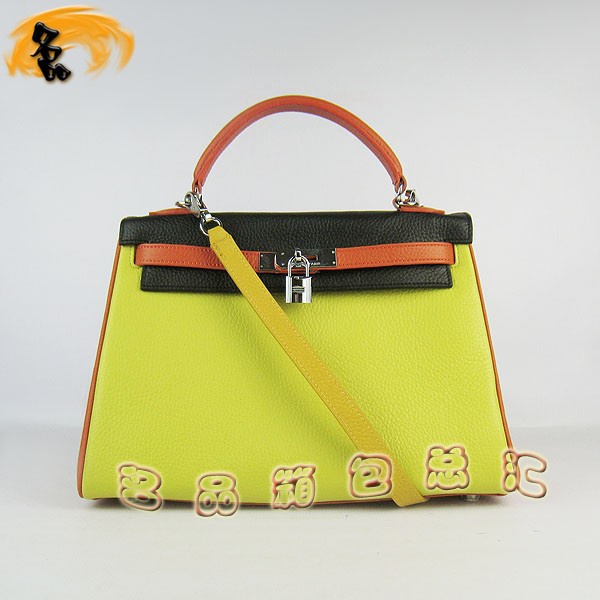 6108 凱莉包 Hermes女包 手提包 愛馬仕斜挎包 Hermes Kelly Bag 配色荔枝紋 黑橙綠色銀扣
