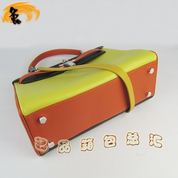 6108 凱莉包 Hermes女包 手提包 愛馬仕斜挎包 Hermes Kelly Bag 配色荔枝紋 黑橙綠色銀扣