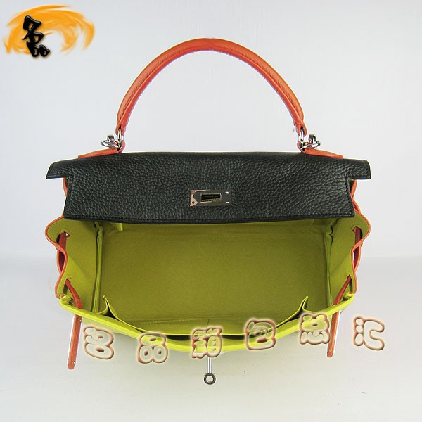 6108 凱莉包 Hermes女包 手提包 愛馬仕斜挎包 Hermes Kelly Bag 配色荔枝紋 黑橙綠色銀扣