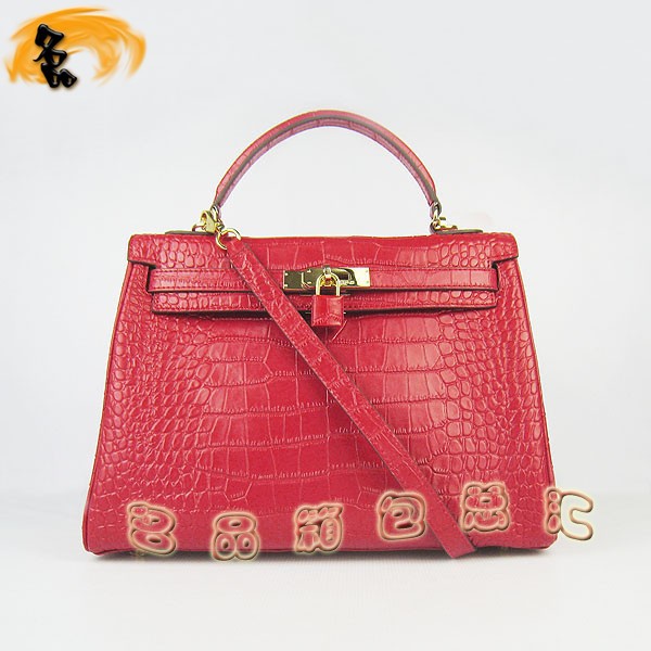 6108 Hermes Kelly系列手提包 Hermes女包 凱莉包 愛馬仕斜挎包 鱷魚紋 紅色金扣