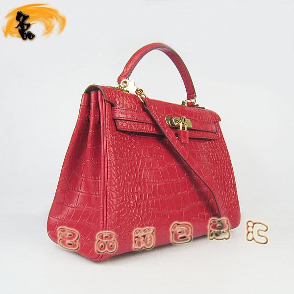 6108 Hermes Kelly系列手提包 Hermes女包 凱莉包 愛馬仕斜挎包 鱷魚紋 紅色金扣