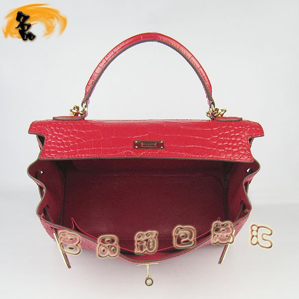 6108 Hermes Kelly系列手提包 Hermes女包 凱莉包 愛馬仕斜挎包 鱷魚紋 紅色金扣