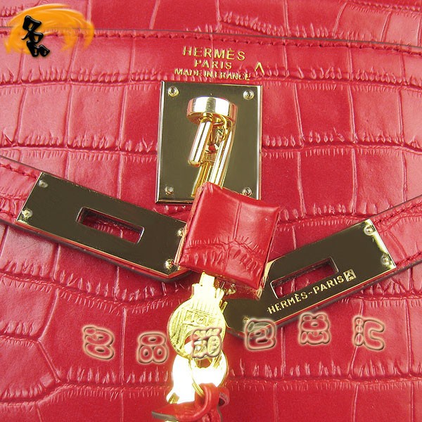 6108 Hermes Kelly系列手提包 Hermes女包 凱莉包 愛馬仕斜挎包 鱷魚紋 紅色金扣