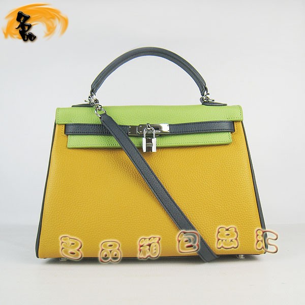 6108 凱莉包 Hermes女包 手提包 愛馬仕斜挎包 Hermes Kelly Bag 配色荔枝紋 黃藍綠色銀扣