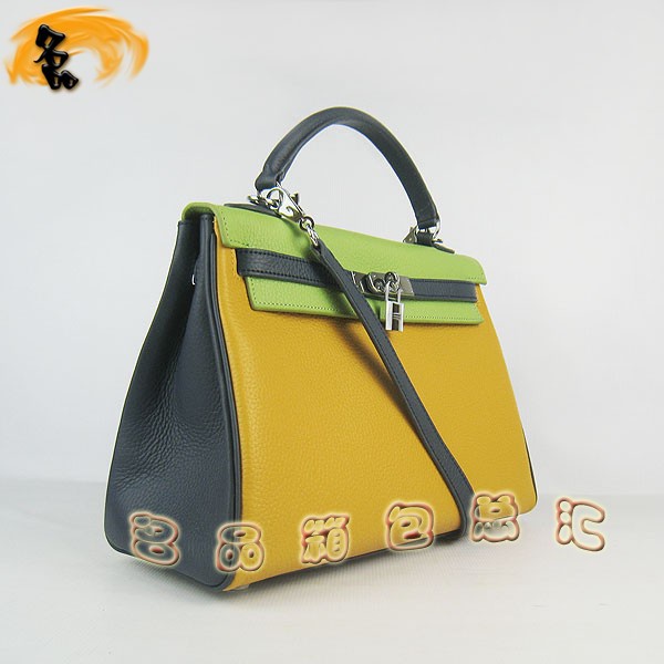 6108 凱莉包 Hermes女包 手提包 愛馬仕斜挎包 Hermes Kelly Bag 配色荔枝紋 黃藍綠色銀扣
