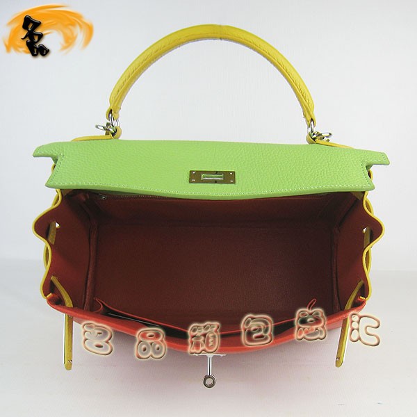 6108 凱莉包 Hermes女包 手提包 愛馬仕斜挎包 Hermes Kelly Bag 配色荔枝紋 紅綠黃色銀扣