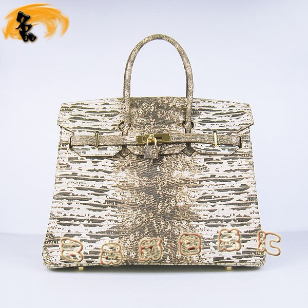 6089 Hermes手提包 愛(ài)馬仕女包 Hermes Birkin 鉑金包 蜥蜴紋(35) 米白色金扣