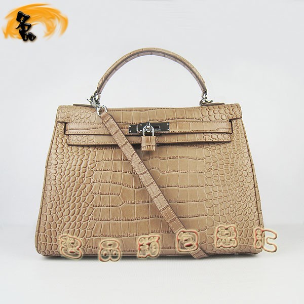 6108 Hermes Kelly系列手提包 Hermes女包 凱莉包 愛馬仕斜挎包 鱷魚紋 淺啡色銀扣