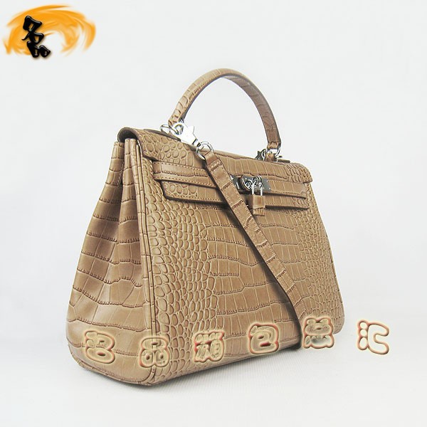6108 Hermes Kelly系列手提包 Hermes女包 凱莉包 愛馬仕斜挎包 鱷魚紋 淺啡色銀扣