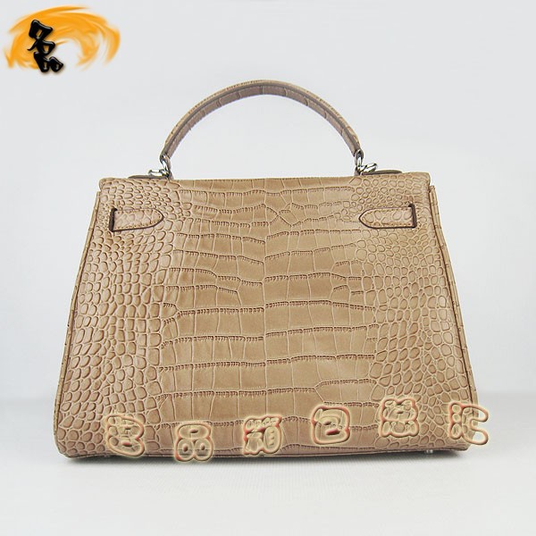 6108 Hermes Kelly系列手提包 Hermes女包 凱莉包 愛馬仕斜挎包 鱷魚紋 淺啡色銀扣
