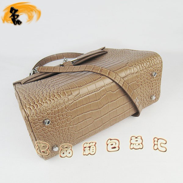 6108 Hermes Kelly系列手提包 Hermes女包 凱莉包 愛馬仕斜挎包 鱷魚紋 淺啡色銀扣