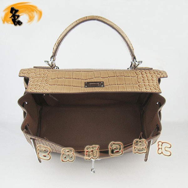 6108 Hermes Kelly系列手提包 Hermes女包 凱莉包 愛馬仕斜挎包 鱷魚紋 淺啡色銀扣