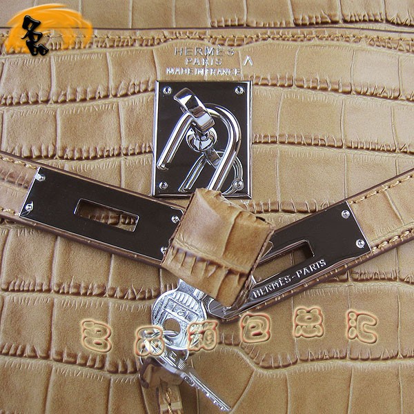 6108 Hermes Kelly系列手提包 Hermes女包 凱莉包 愛馬仕斜挎包 鱷魚紋 淺啡色銀扣