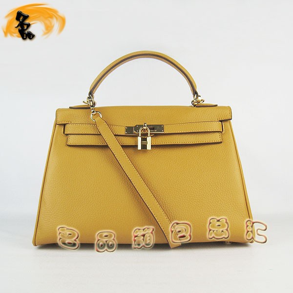 6108 Hermes Kelly系列手提包 Hermes女包 凱莉包 愛馬仕斜挎包 荔枝紋 黃色金扣