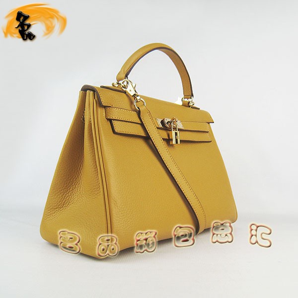 6108 Hermes Kelly系列手提包 Hermes女包 凱莉包 愛馬仕斜挎包 荔枝紋 黃色金扣