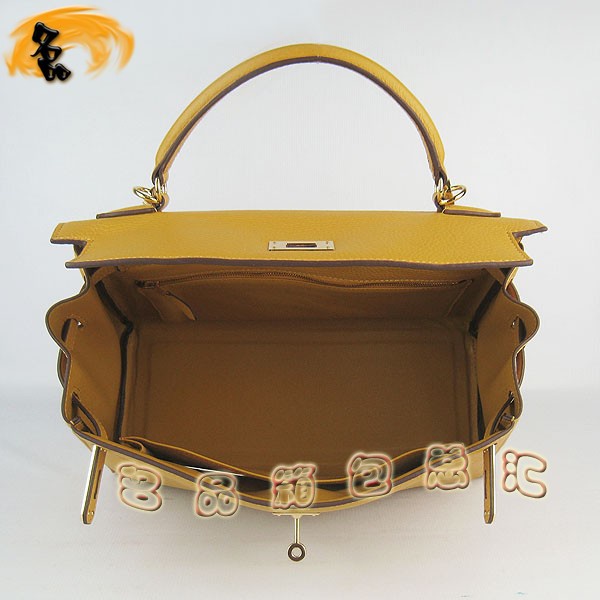 6108 Hermes Kelly系列手提包 Hermes女包 凱莉包 愛馬仕斜挎包 荔枝紋 黃色金扣
