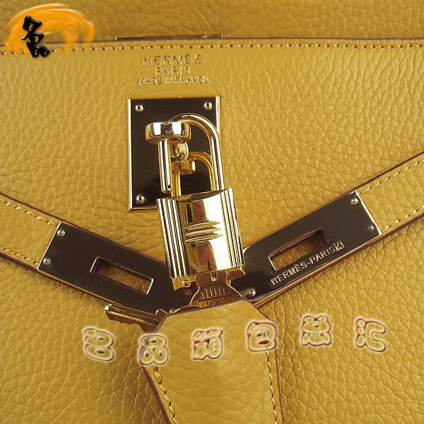 6108 Hermes Kelly系列手提包 Hermes女包 凱莉包 愛馬仕斜挎包 荔枝紋 黃色金扣