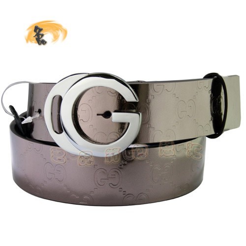 201790 Gucci皮帶 經典款Gucci時尚牛皮雙G壓花女士皮帶 古奇皮帶 漆皮腰帶 銀灰色