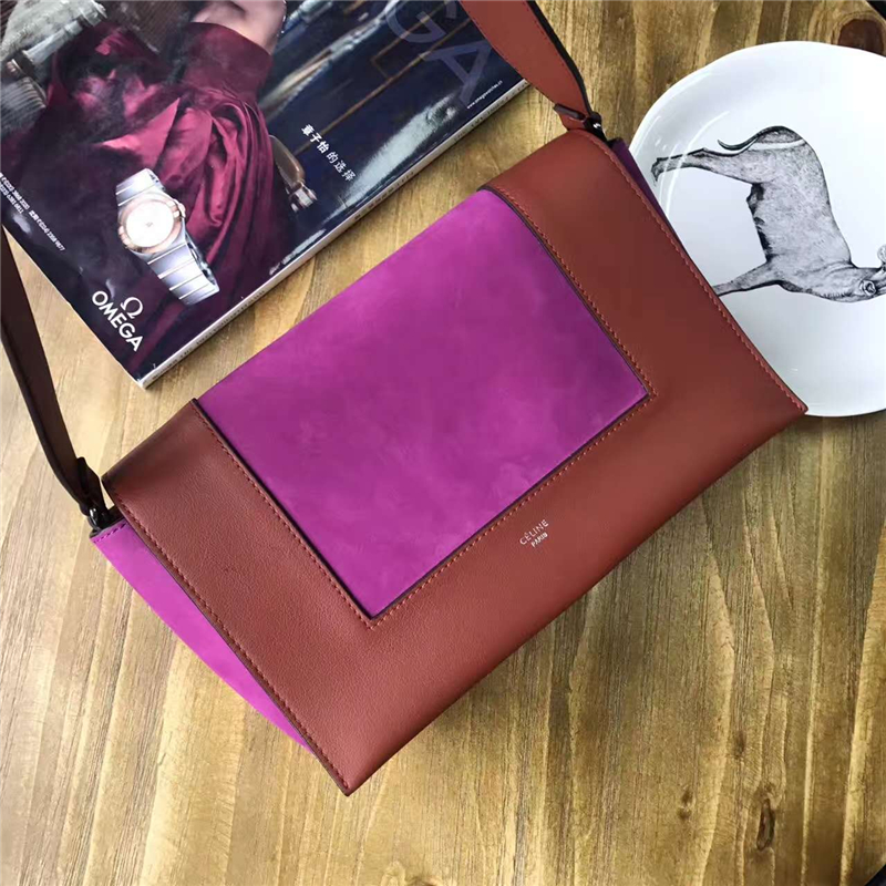 Celine 賽琳 Frame 銀扣 時(shí)尚拼色小牛皮 斜跨單肩包 紅棕/磨砂紫色