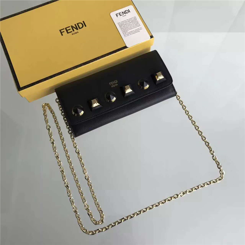 FENDI 芬迪 0251 2017新款南非小牛皮多功能長款鉚釘鏈條包斜跨包 黑色鉚釘