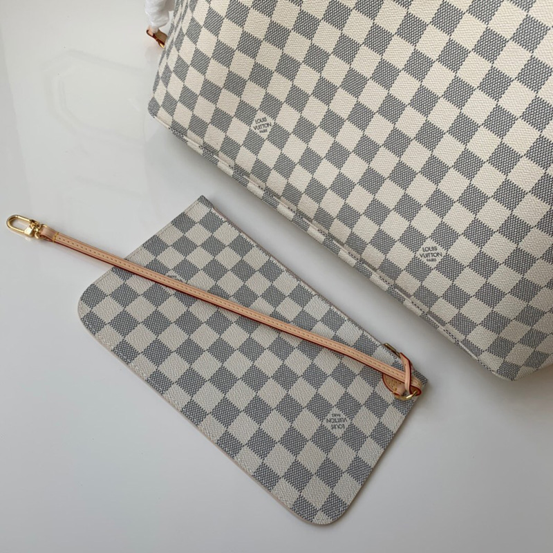 N41604 LV Neverfull 大號手袋 Damier Azur 白格帆布女包 LV購物袋