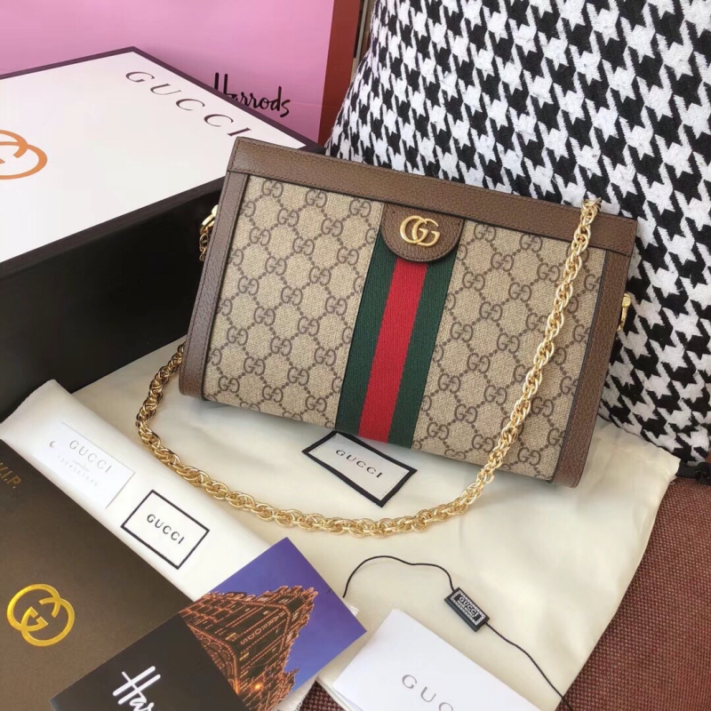 503877 Gucci Ophidia系列小號 GG 嵌花條紋織帶 鏈條肩背包 啡棕