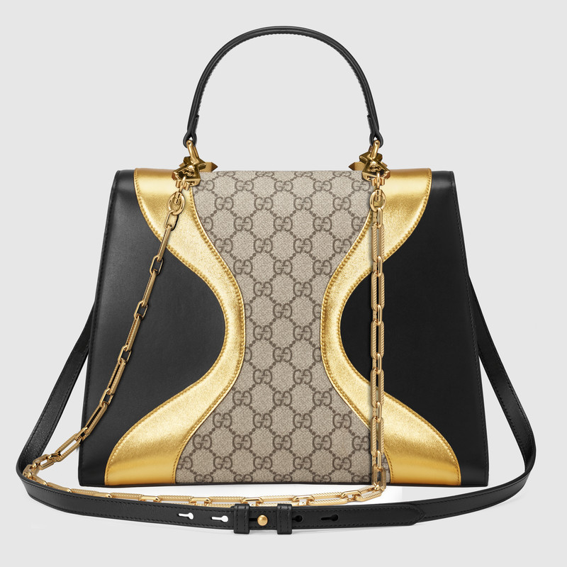 476435 GUCCI GG Supreme高級人造帆布和皮革 手提包 黑配金