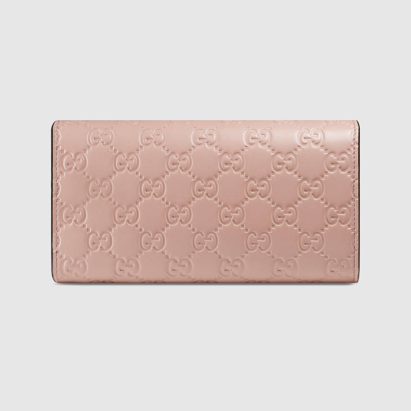 388679 Gucci Signature系列 熱壓皮革 蝴蝶結 長款皮夾 淺粉色