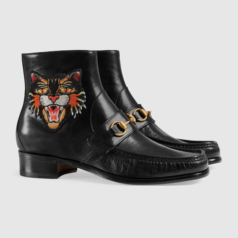473508 GUCCI 馬銜扣 貼花刺繡 方頭 皮革及踝靴 黑色