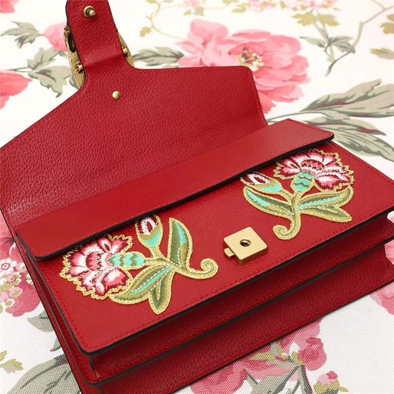 400249 GUCCI 最新限量版酒神包 刺繡貼花 虎頭扣 鏈條肩包 芙蓉紅