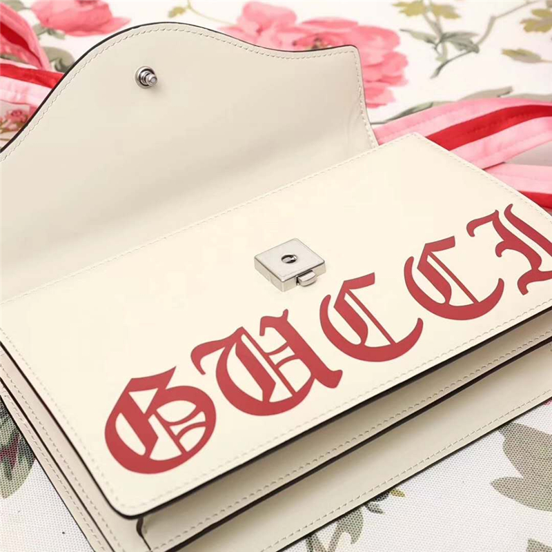 466404 GUCCI 新款 龍頭印花 絲緞提手肩帶 手提單肩包 白色
