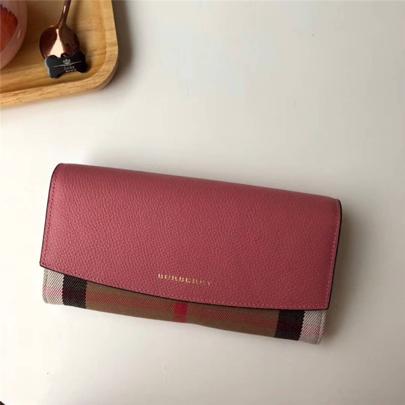 40500731 Burberry巴寶莉 Banner手袋系列 House格紋 拼皮長款錢夾 櫻花粉