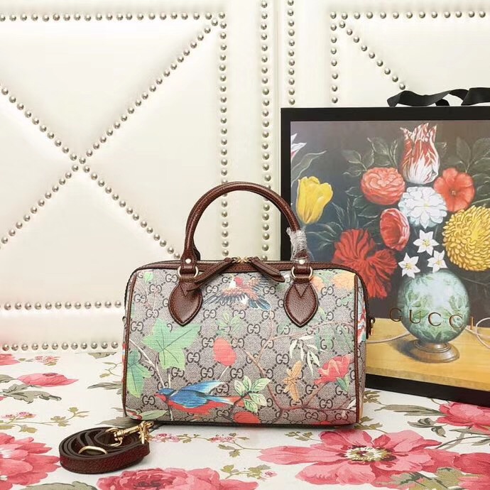 409529 GUCCI GG花鳥印花 帆布拼皮 波士頓手提包 啡色