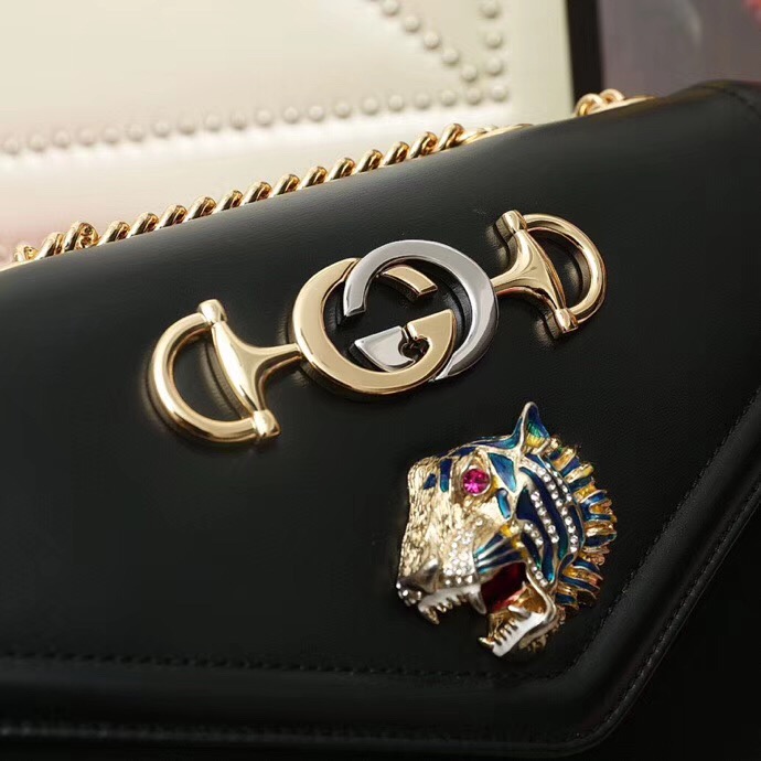 537241 Gucci 秋冬 Rajah系列 虎頭鉆石 牛皮 鏈條肩背包 黑色