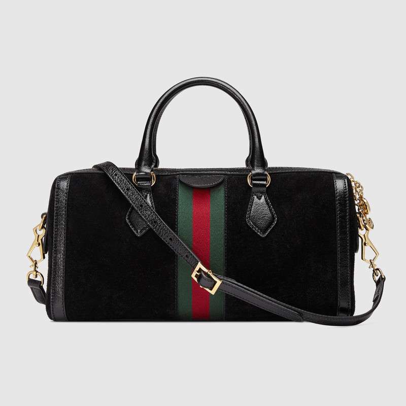 524532 Gucci Ophidia系列 麂皮 條紋織帶 GG波士頓手提包 黑色