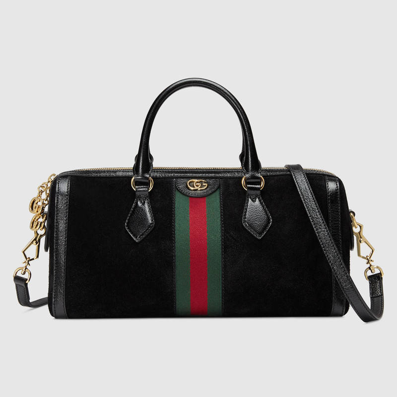 524532 Gucci Ophidia系列 麂皮 條紋織帶 GG波士頓手提包 黑色